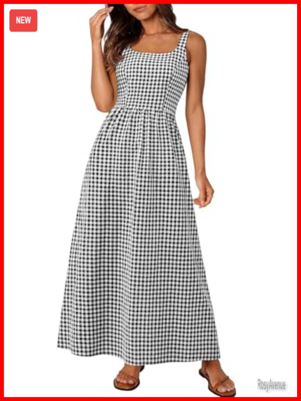 Spaghetti Strap Maxi Dress Plaid Square Neck A-Line Casual Beach Summer Sundress